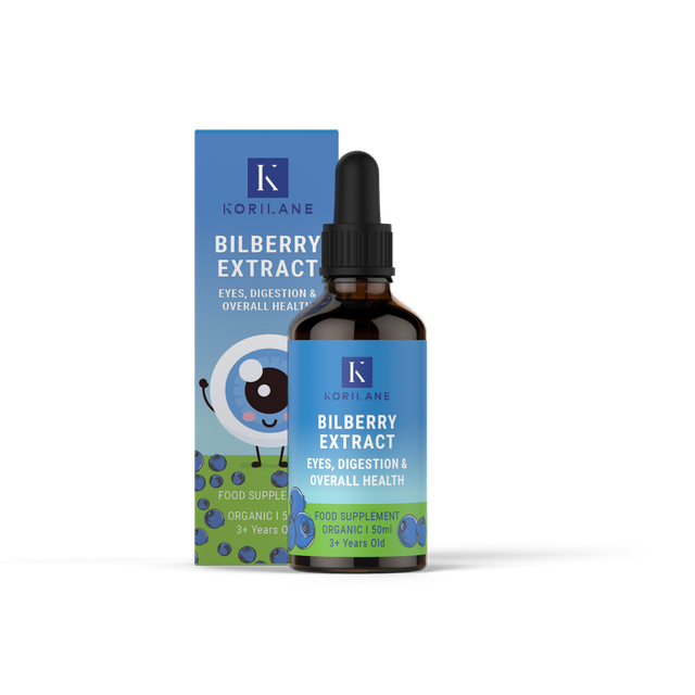 Bottle of Korilane Bilberry Extract for Kids with a handy dosing dropper
