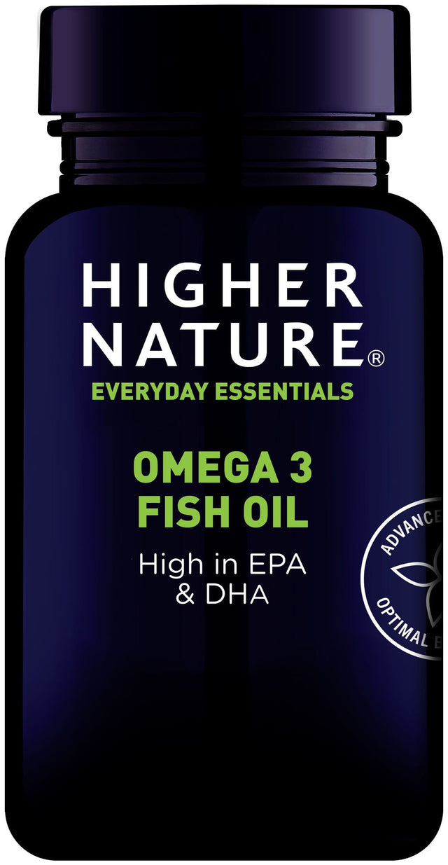 High-quality Higher Nature Omega 3 Fish Oil capsules containing 1000mg of pure fish oil, rich in EPA and DHA, ethically sourced from wild sardines, anchovies, and mackerel, screened for pollutants, and suitable for pregnancy and breastfeeding without vitamin A