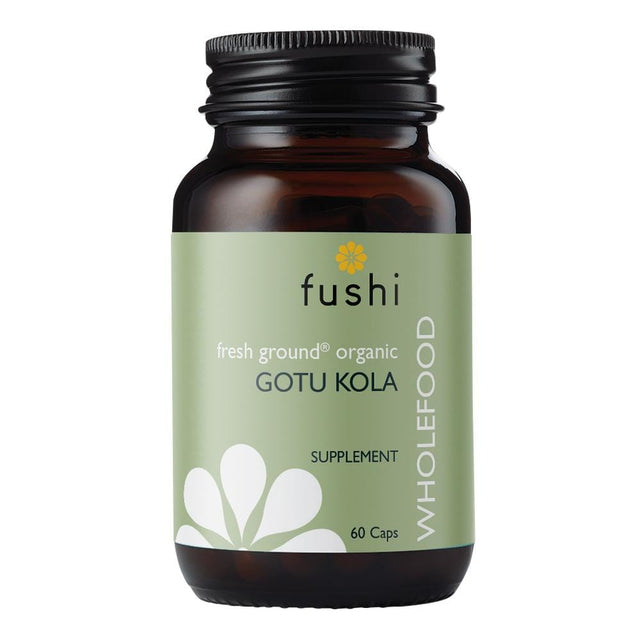 A close-up of Fushi Gotu Kola Whole Wild 370mg capsules in a glass bottle, showcasing the freshly ground, organic Gotu Kola herb inside eco-friendly packaging, highlighting the natural, hand-encapsulated product from London