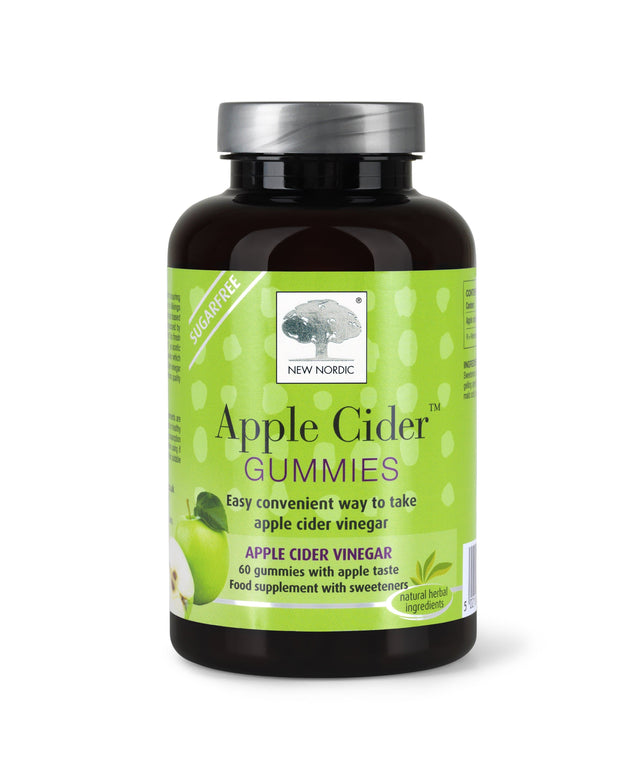 A close-up of New Nordic Apple Cider Gummies featuring apple cider vinegar powder with the mother in a clear plastic container