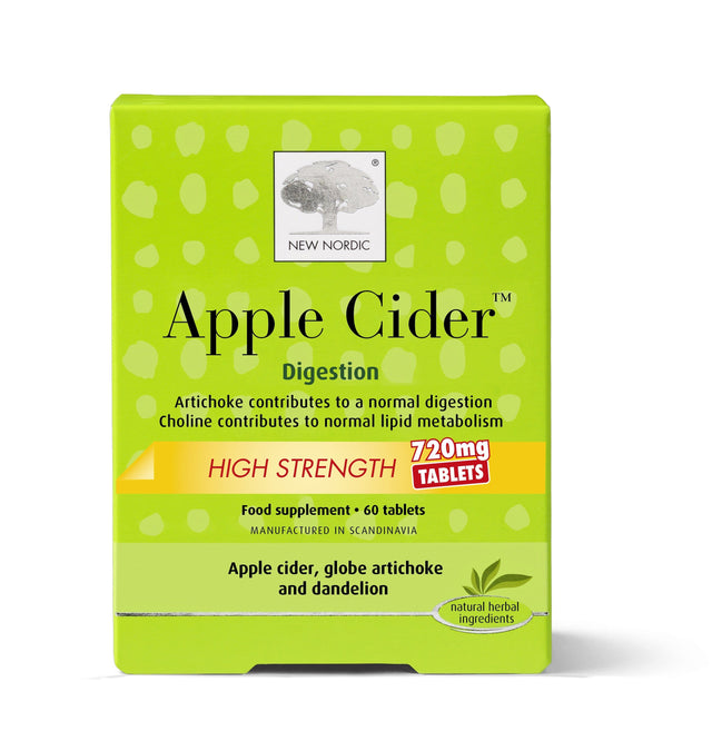 Image of New Nordic Apple Cider Tablets High Strength, showing a bottle containing 60 concentrated apple cider vinegar tablets with artichoke and dandelion extracts, designed to support healthy digestion and maintain normal body fluid balance