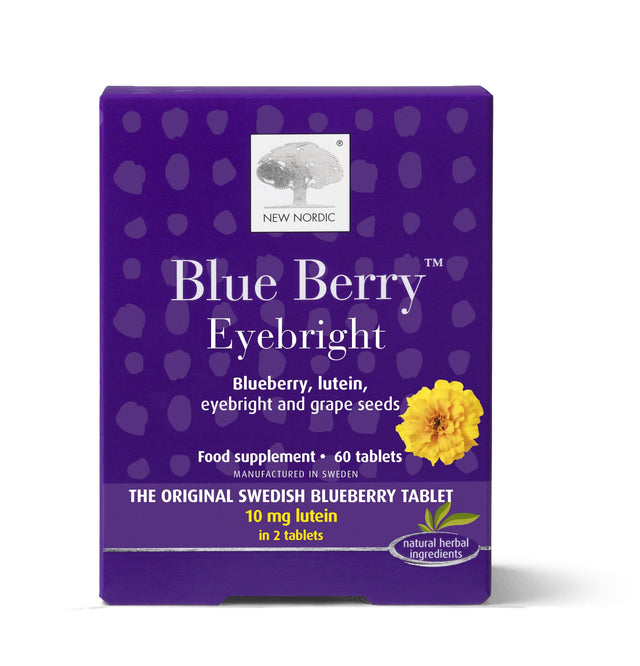 A close-up image of New Nordic Blueberry Eyebright 60 Tablets packaging, highlighting the label and tablets, emphasizing the natural blueberry extract, eyebright, grape seed antioxidants, and the product's sugar, gluten, and dairy-free features for eye health support