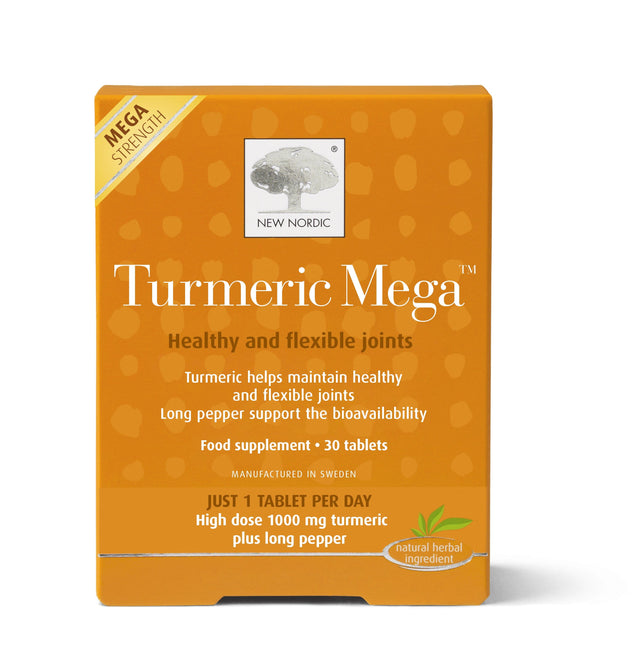 A bottle of New Nordic Turmeric Mega tablets with a detailed label showing ingredients and dosage instructions for supporting healthy, flexible joints