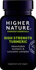 A close-up image of Higher Nature Turmeric capsules highlighting their natural, golden-brown colour and compact size, emphasising the product's health benefits and advanced absorption formulation