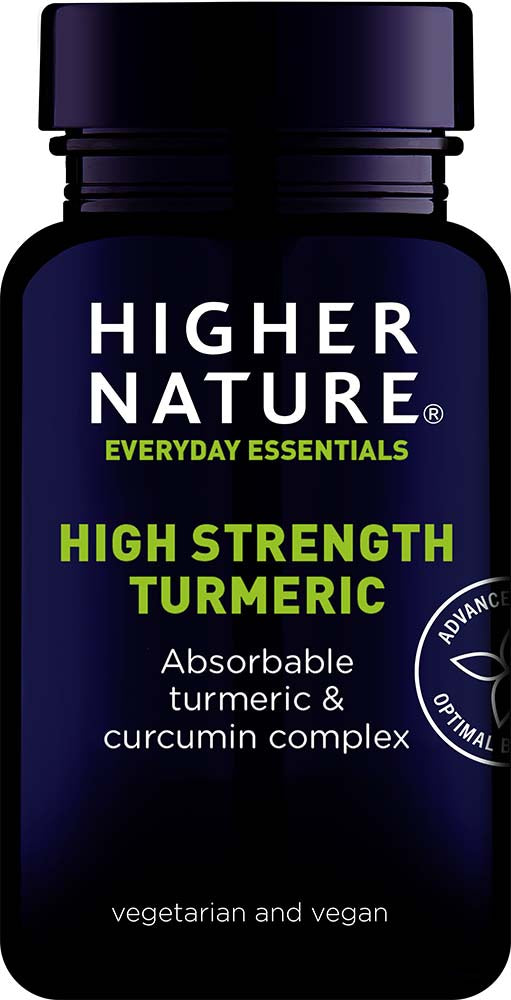 A close-up image of Higher Nature Turmeric capsules highlighting their natural, golden-brown colour and compact size, emphasising the product's health benefits and advanced absorption formulation