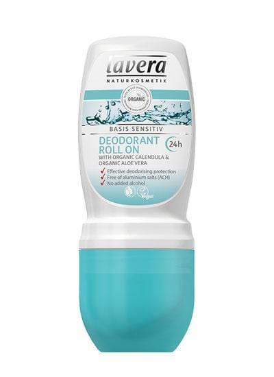 A 50ml Lavera Deodorant Roll-On bottle featuring organic calendula and aloe vera for 24-hour odour protection, designed to keep you feeling fresh and confident throughout the day