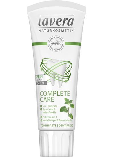 A 75ml tube of Lavera Mint Toothpaste showing the packaging and label with natural ingredients and product description