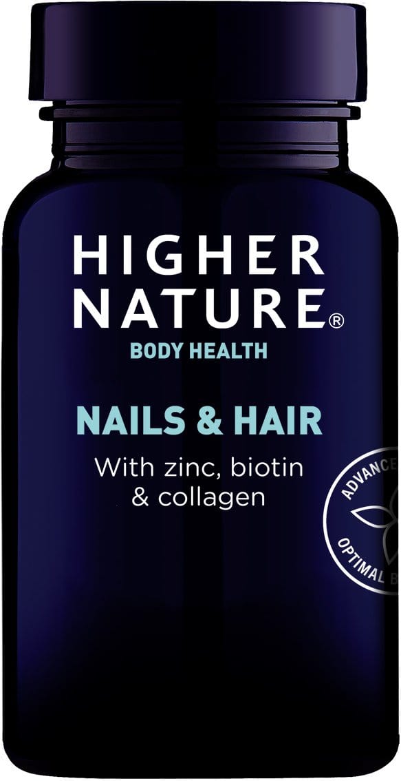 A comprehensive supplement in 120 capsules supporting healthy nails and lustrous hair with nutrients like Biotin, Vitamin C, B5, B6, Zinc, Silica, GLA, MSM, and Collagen, suitable for those without fish allergies