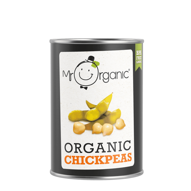 A jar of Mr Organic Chickpeas, 400g, containing organic chickpeas in water, highlighting their natural, healthy, and nutritious qualities