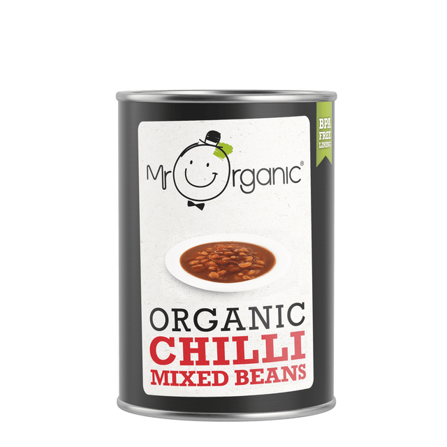 A 400g jar of Mr Organic Chilli Mixed Beans featuring organic chickpeas, red kidney beans, white beans, and a spicy tomato juice-based sauce with herbs and spices