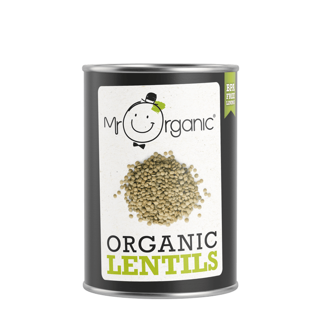 A 400g package of Mr Organic green lentils, organic and simply in water, showcasing natural and healthy plant-based food made with organic ingredients