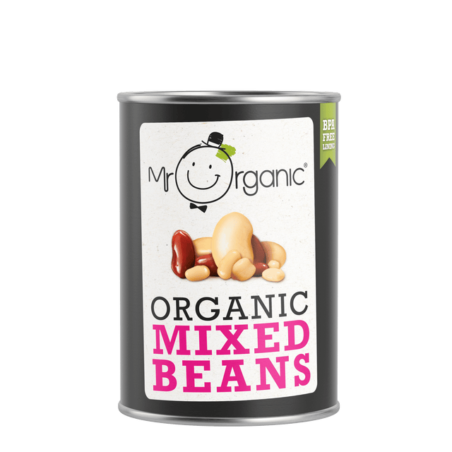 A 400g pack of Mr Organic Mixed Beans containing organic red kidney beans, cannellini beans, butter beans, and chickpeas in water, suitable for healthy meals