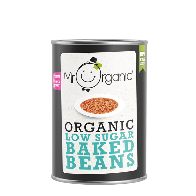 A 400g jar of Mr Organic Naturally Sweetened Baked Beans featuring organic white beans in tomato juice with agave syrup, garnished with onion and paprika, showcasing a healthy, low-sugar, organic product