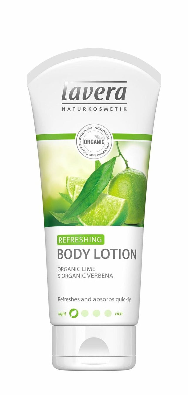 A 200ml bottle of Lavera Body Lotion with lime scent, featuring a sleek design and vibrant lime imagery, showcasing its organic ingredients and refreshing, moisturising formulation for soft, smooth skin