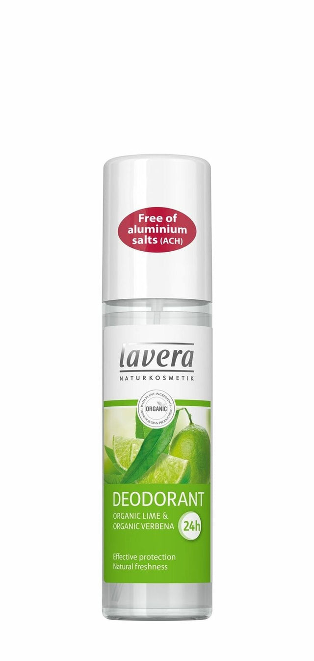 A 75ml Lavera Lime Deodorant Spray bottle featuring natural ingredients like aloe, lavender water, sea salt, and fragrance for 24-hour protection and freshness