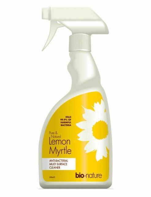 A 500ml bottle of Bio-Nature Lemon Myrtle Anti-Bacterial Surface Cleaner, featuring natural lemon myrtle essential oil, designed for effective multi-surface cleaning and germ protection while being environmentally friendly and biodegradable
